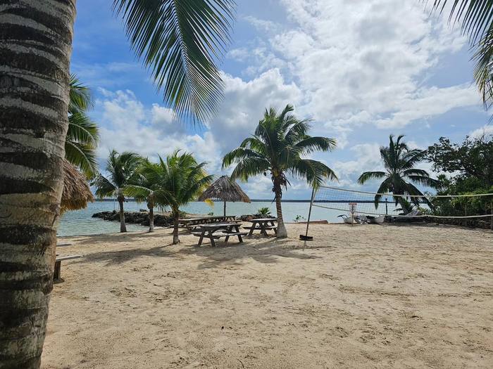 Picnic tables on the sand